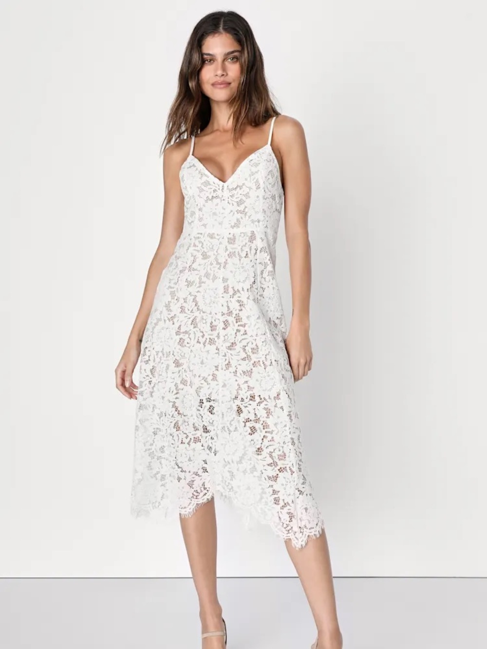 LULUS One Wish White Lace Strappy MIDI Dress Medium